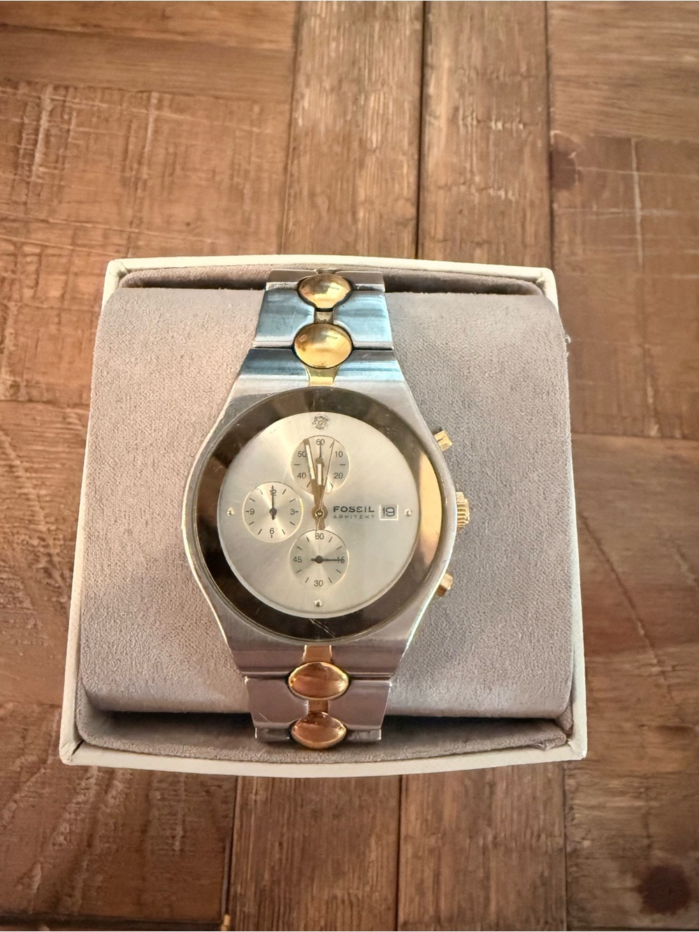 Fossil Arkitekt Chronograph Two Tone Silver Gold Watch White Dial Date